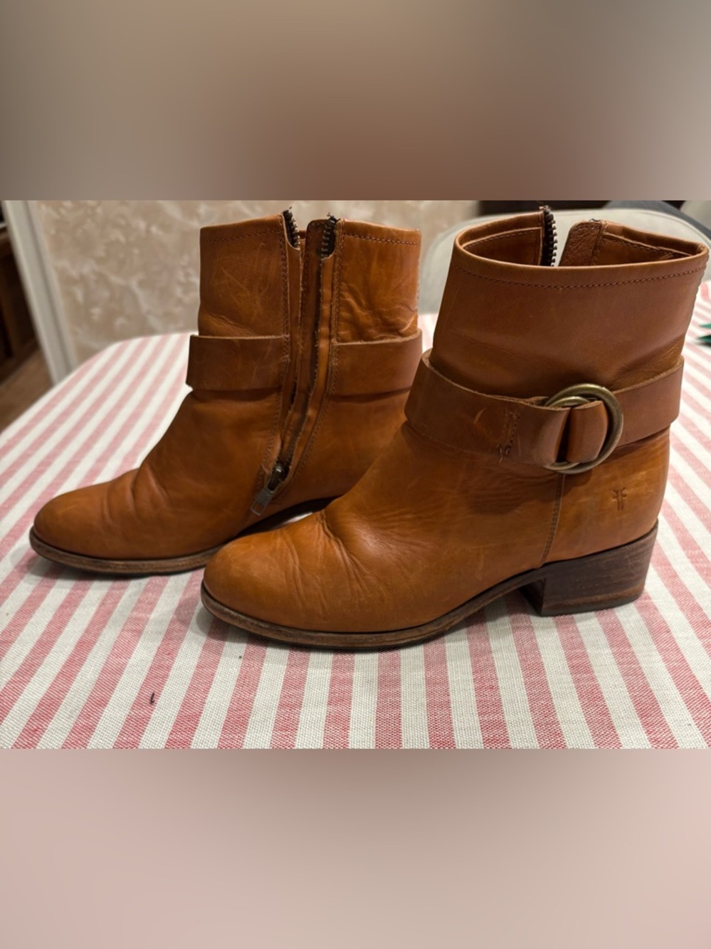 Frye Tan Leather Buckle Ankle Boots